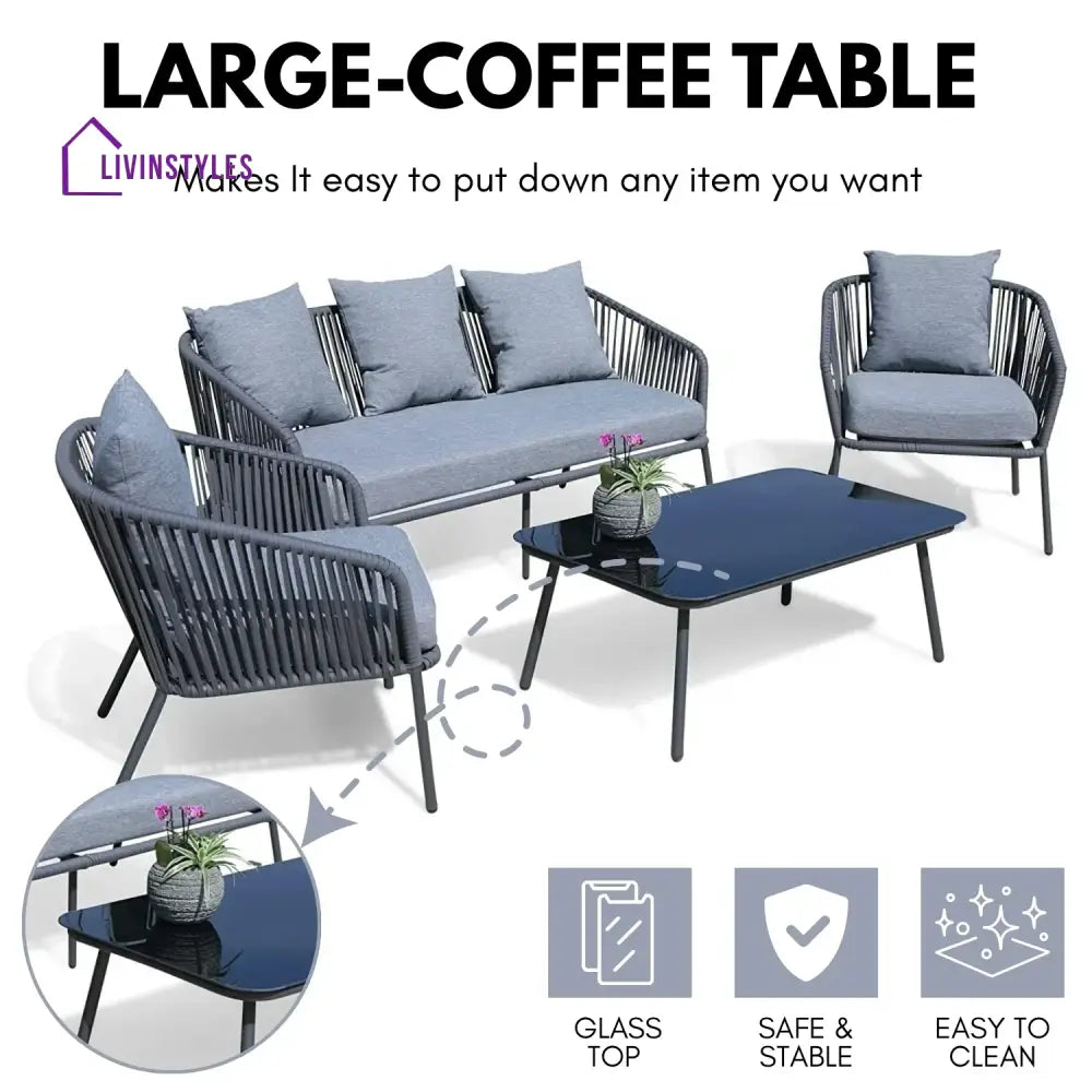 Valencia 4-Piece Outdoor Rope Patio Sofa Set (Grey) - Sofa Set