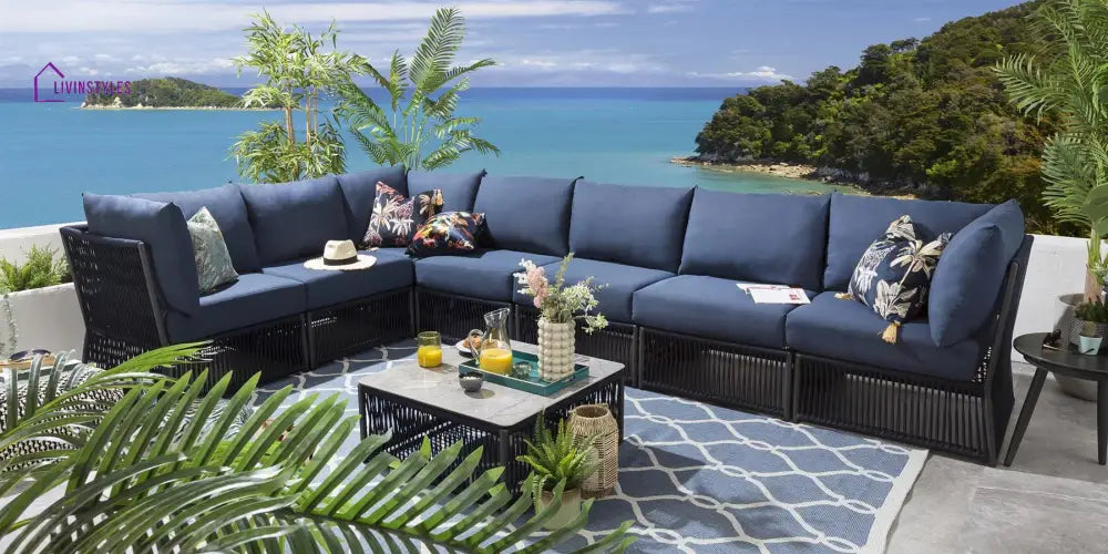 Valencia Outdoor Sofa Set 7 Seater 1 Center Table Set (Blue) Braided & Rope - Sofa Sets