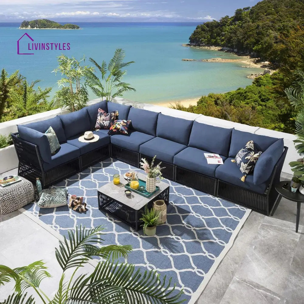 Valencia Outdoor Sofa Set 7 Seater 1 Center Table Set (Blue) Braided & Rope - Sofa Sets