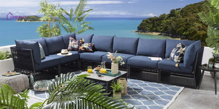 Valencia Outdoor Sofa Set 7 Seater 1 Center Table Set (Blue) Braided & Rope - Sofa Sets