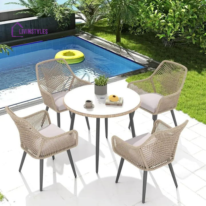 Valentina 5-Piece Outdoor Patio Dining Set with Rope Chairs & Glass Top Table - Dining Set