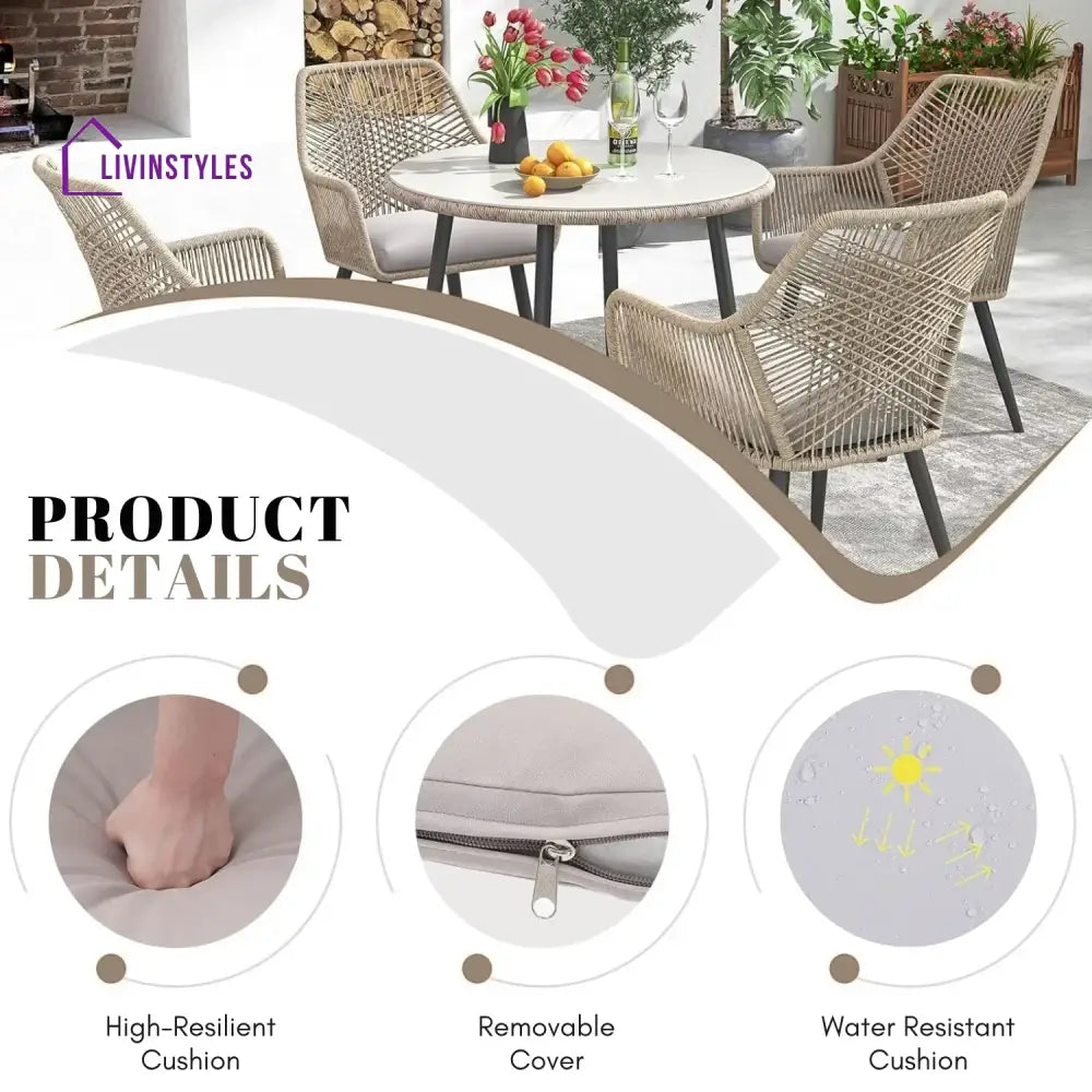 Valentina 5-Piece Outdoor Patio Dining Set with Rope Chairs & Glass Top Table - Dining Set