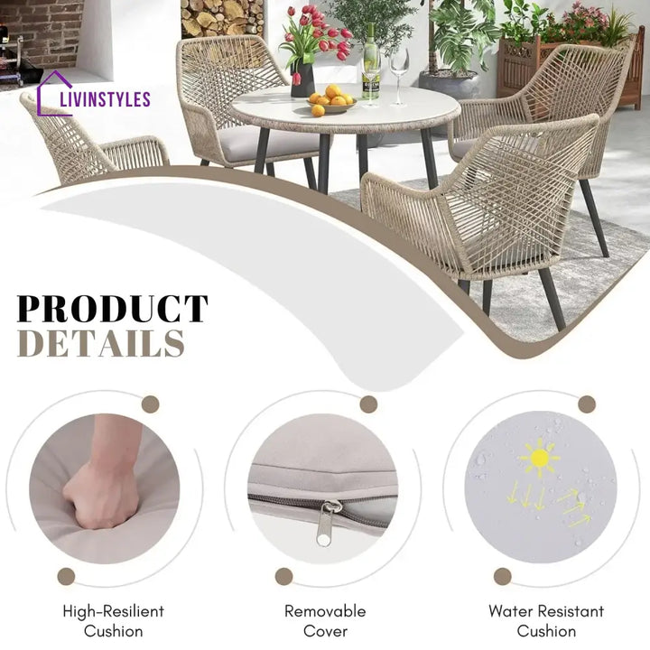 Valentina 5-Piece Outdoor Patio Dining Set with Rope Chairs & Glass Top Table - Dining Set