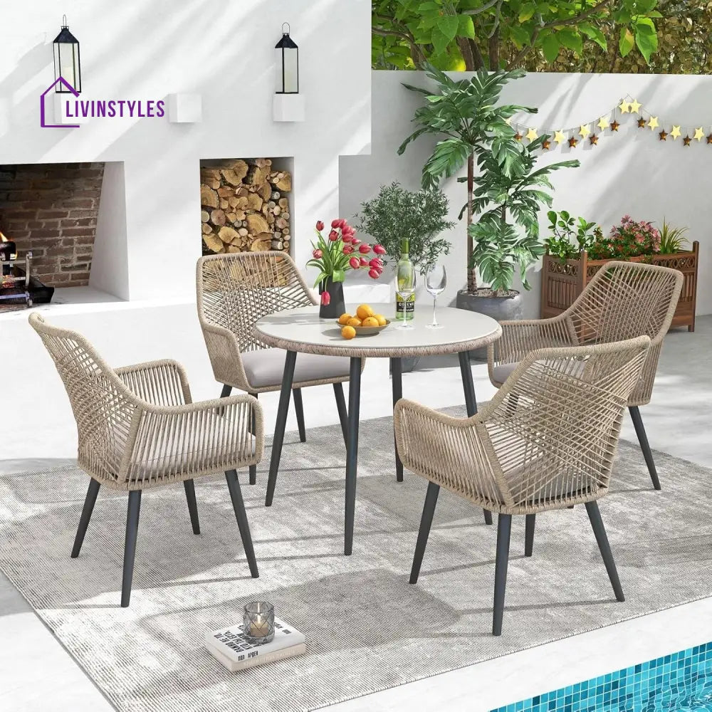 Valentina 5-Piece Outdoor Patio Dining Set with Rope Chairs & Glass Top Table - Dining Set