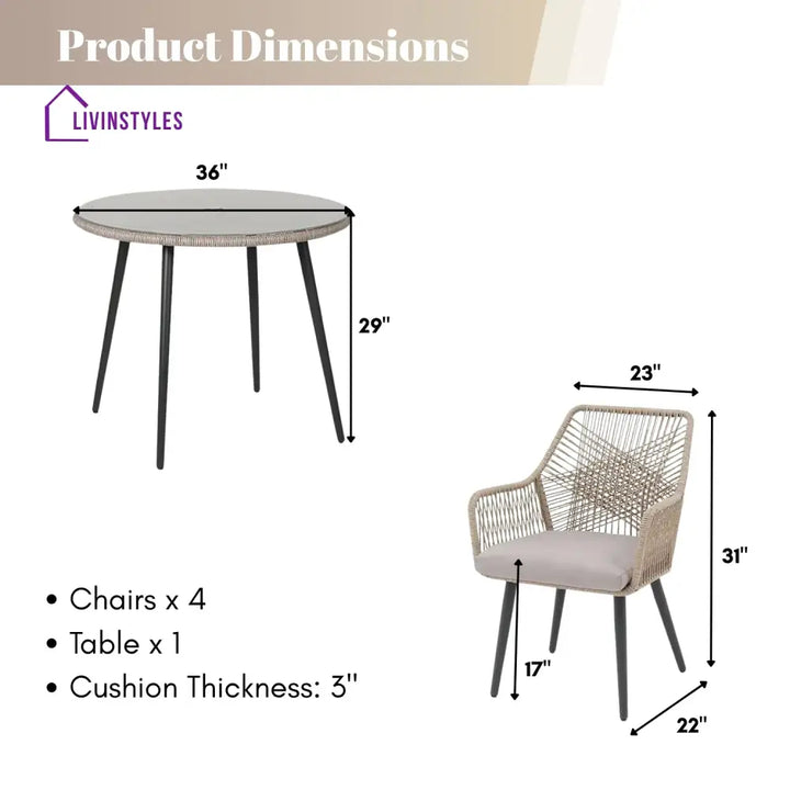 Valentina 5-Piece Outdoor Patio Dining Set with Rope Chairs & Glass Top Table - Dining Set