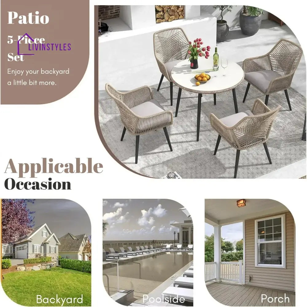 Valentina 5-Piece Outdoor Patio Dining Set with Rope Chairs & Glass Top Table - Dining Set