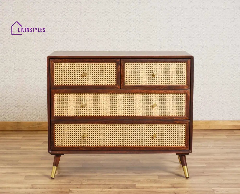 Valentina Solid Wood Rattan Cane Chest of Drawer Four Drawer Chest of Drawer