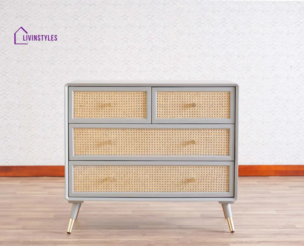 Valentina Solid Wood Rattan Cane Chest of Drawer Four Drawer Chest of Drawer