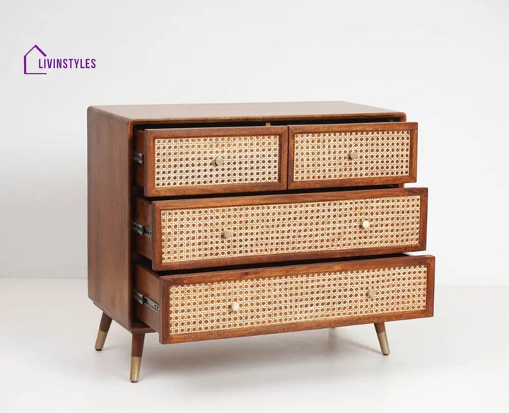 Valentina Solid Wood Rattan Cane Chest of Drawer Four Drawer Chest of Drawer
