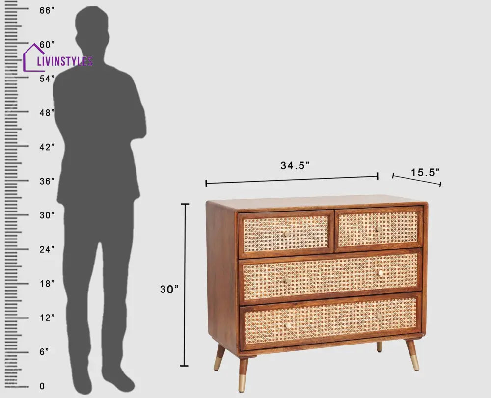 Valentina Solid Wood Rattan Cane Chest of Drawer Four Drawer Chest of Drawer