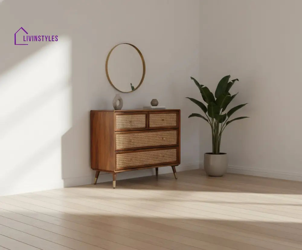 Valentina Solid Wood Rattan Cane Chest of Drawer Four Drawer Chest of Drawer