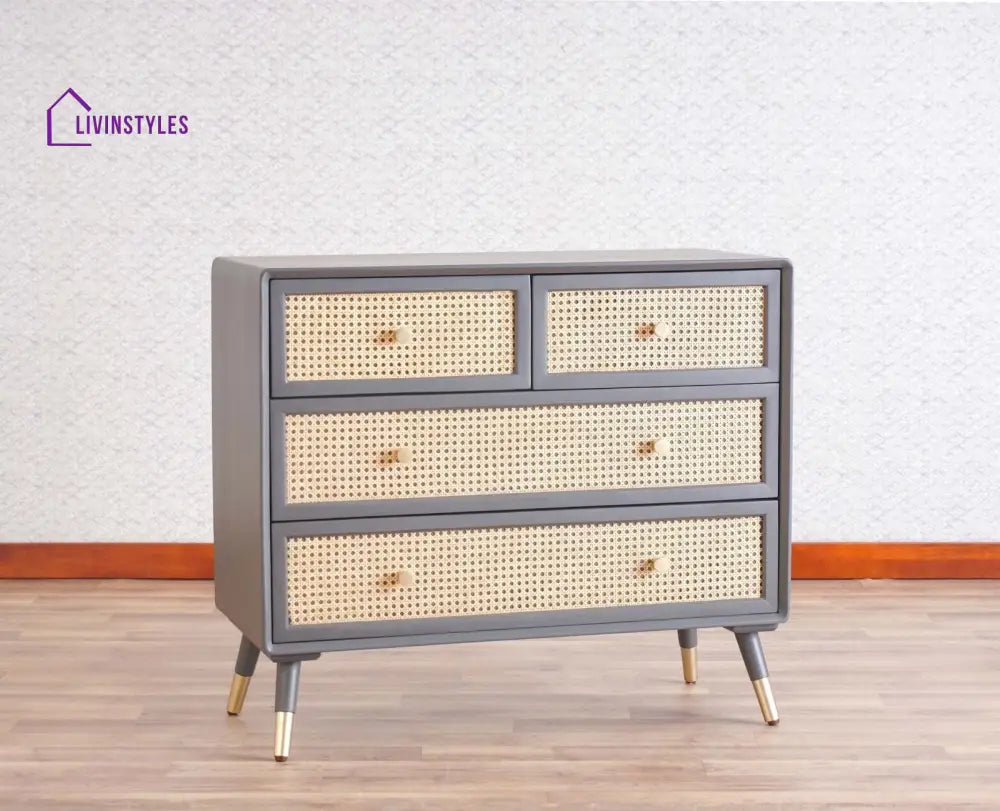 Valentina Solid Wood Rattan Cane Chest of Drawer Four Drawer Chest of Drawer