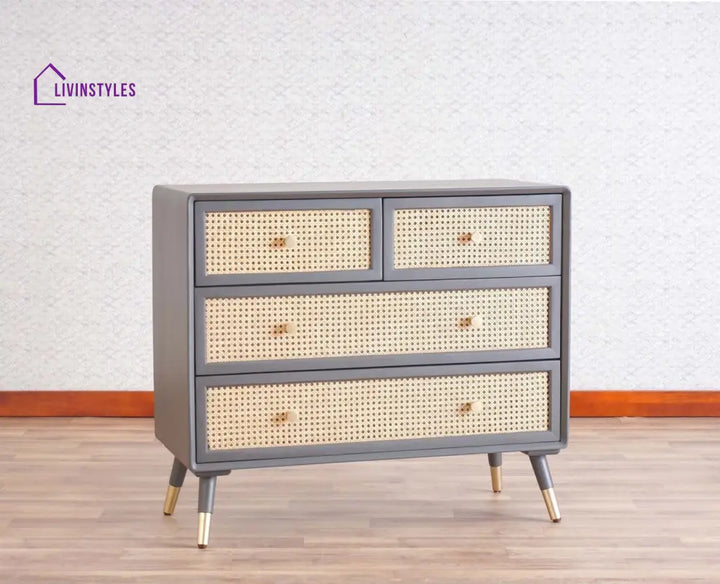 Valentina Solid Wood Rattan Cane Chest of Drawer Four Drawer Chest of Drawer