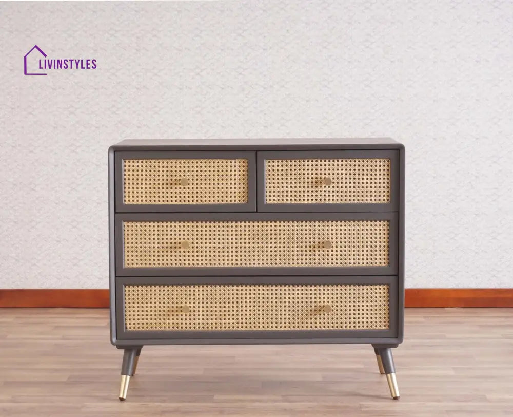Valentina Solid Wood Rattan Cane Chest of Drawer Four Drawer Chest of Drawer