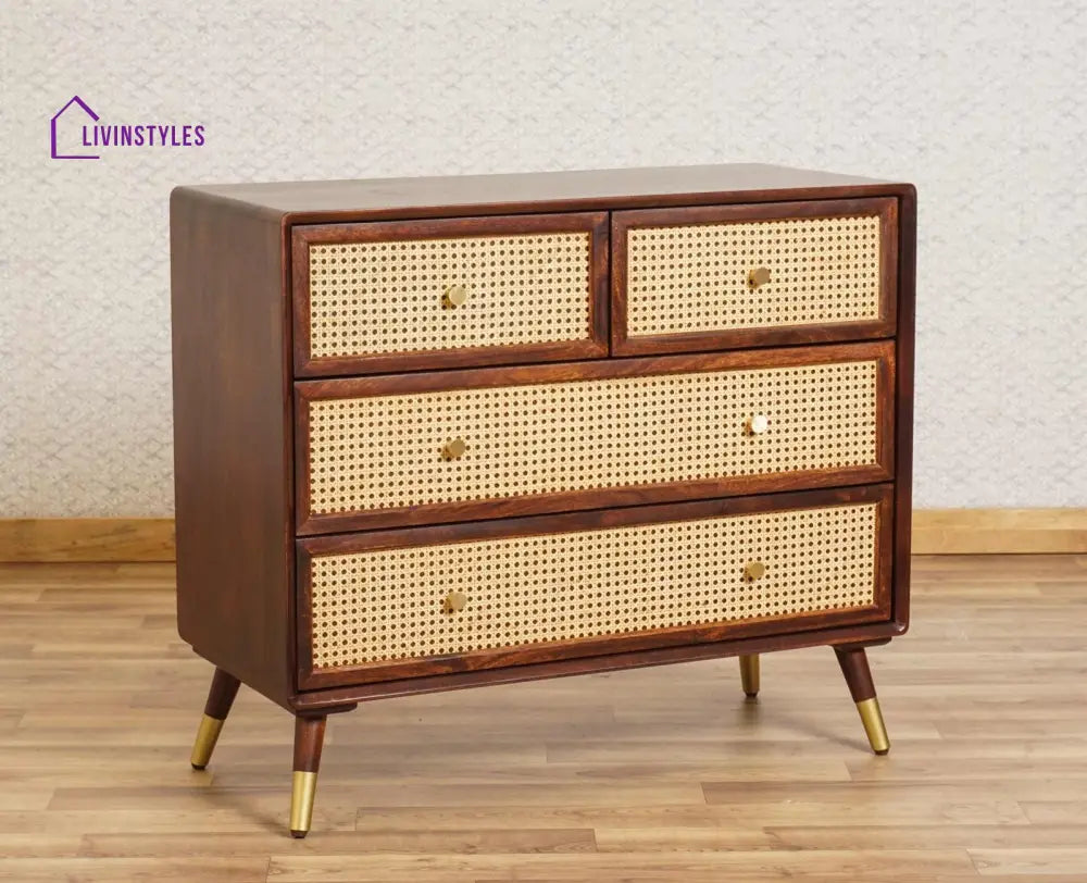 Valentina Solid Wood Rattan Cane Chest of Drawer Four Drawer Chest of Drawer
