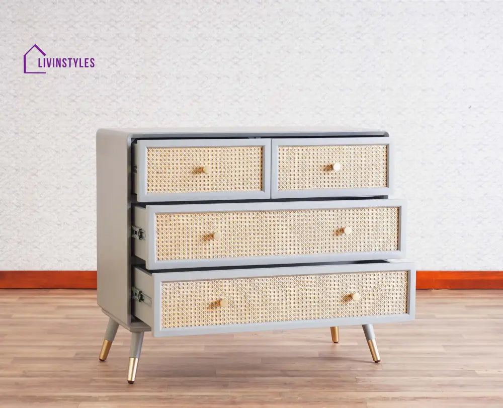 Valentina Solid Wood Rattan Cane Chest of Drawer Four Drawer Chest of Drawer