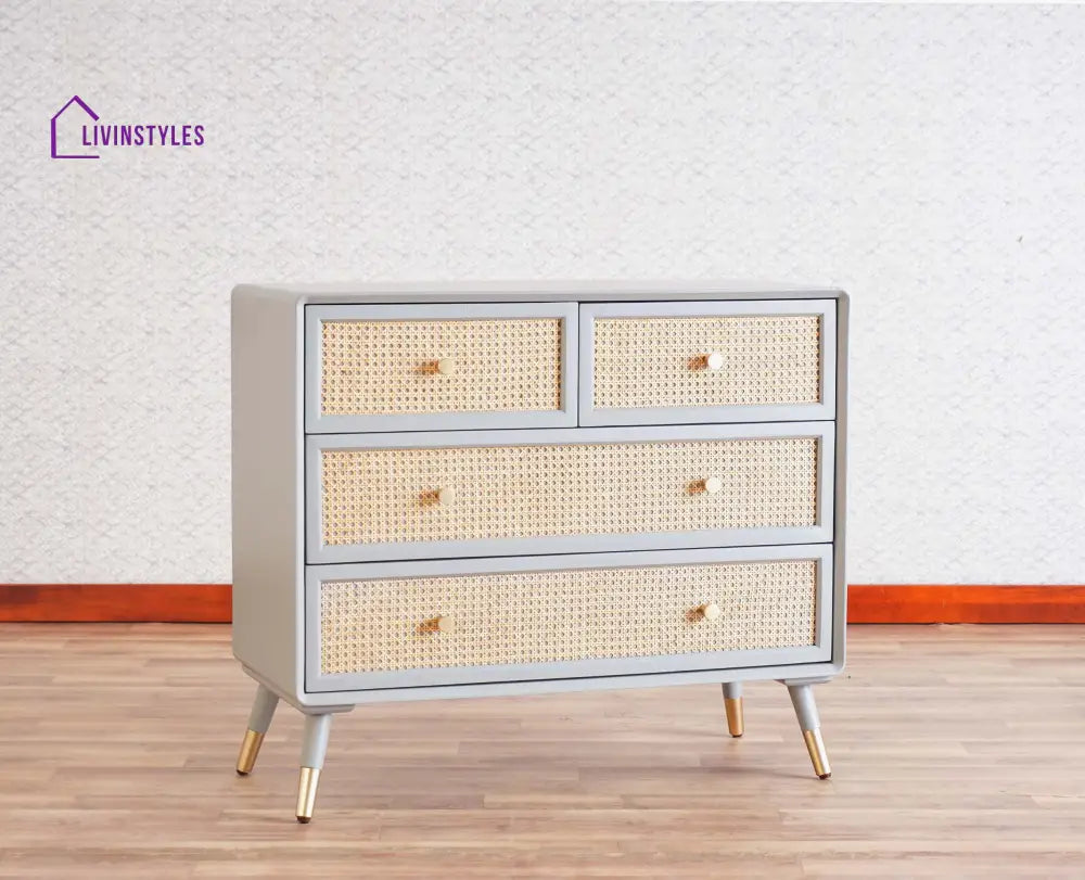 Valentina Solid Wood Rattan Cane Chest of Drawer Four Drawer Chest of Drawer