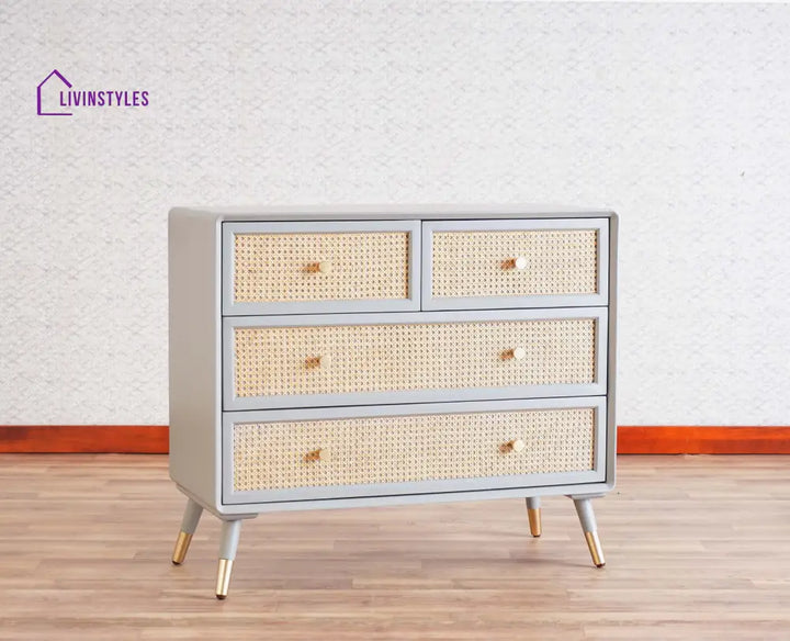 Valentina Solid Wood Rattan Cane Chest of Drawer Four Drawer Chest of Drawer