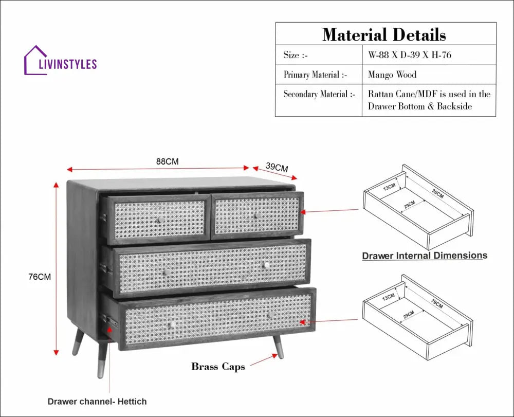 Valentina Solid Wood Rattan Cane Chest of Drawer Four Drawer Chest of Drawer