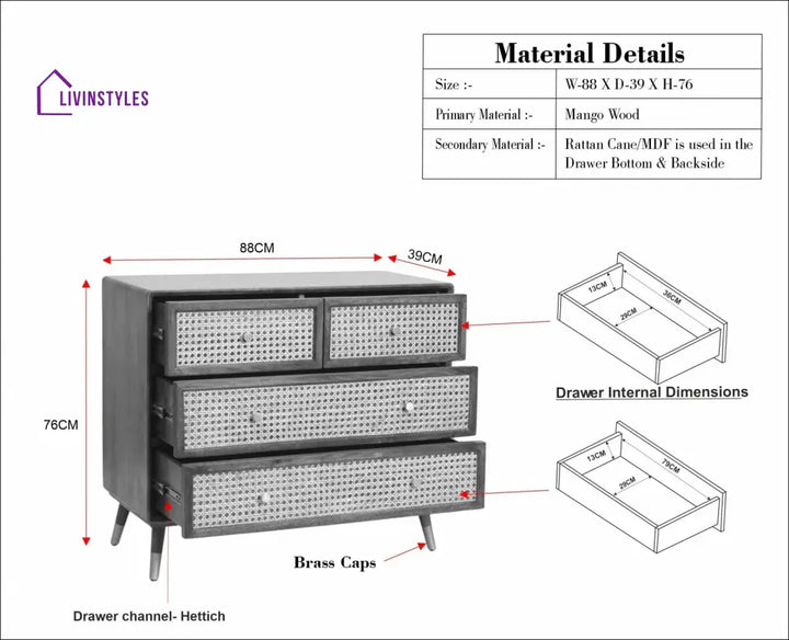 Valentina Solid Wood Rattan Cane Chest of Drawer Four Drawer Chest of Drawer