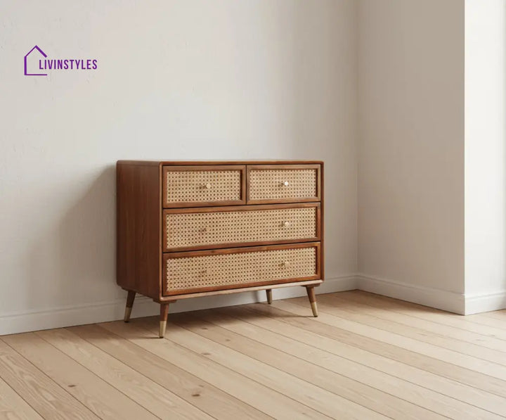 Valentina Solid Wood Rattan Cane Chest of Drawer Four Drawer Chest of Drawer