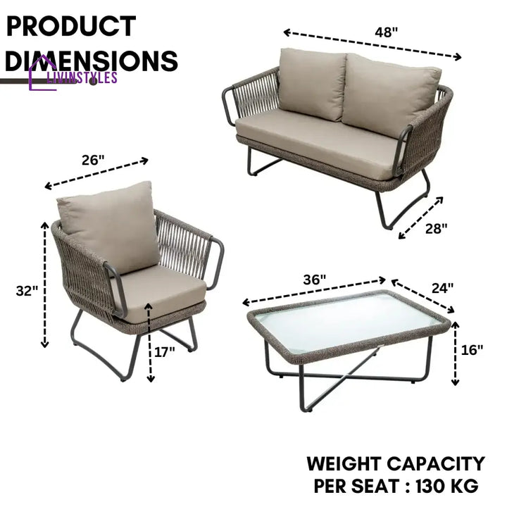 Valeria 4-Piece Rope Sofa Set With Glass Top Table - Sofa Set