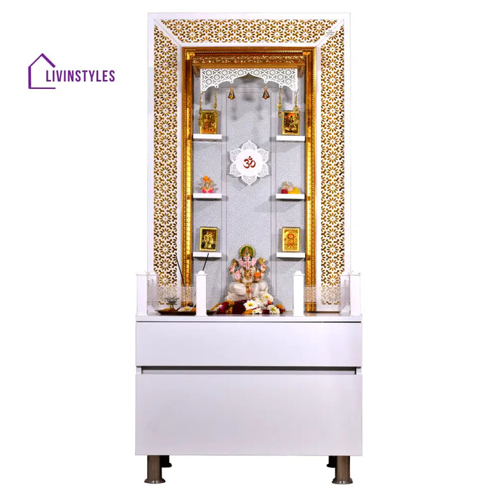 Valeria 5.5’ x 2.5’ White Gloss Wooden Mandir with Floating Shelves Mandir