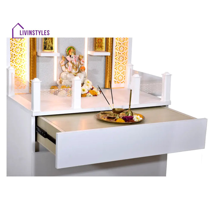 Valeria 5.5’ x 2.5’ White Gloss Wooden Mandir with Floating Shelves Mandir