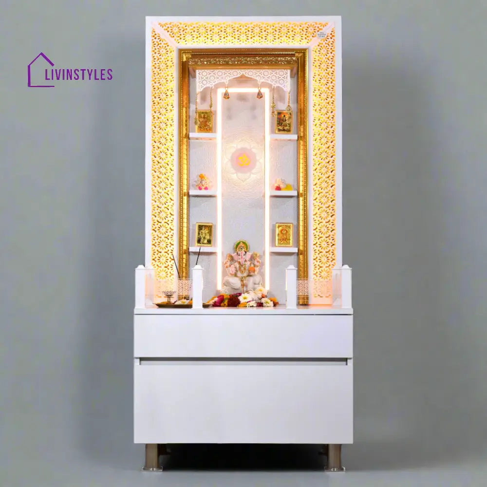 Valeria 5.5’ x 2.5’ White Gloss Wooden Mandir with Floating Shelves Mandir