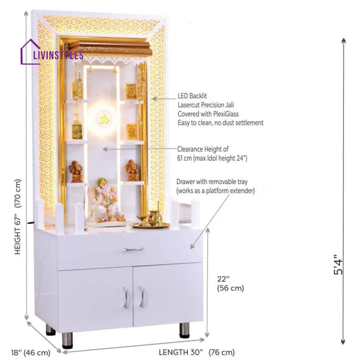 Valeria 5.5’ x 2.5’ White Gloss Wooden Mandir with Floating Shelves Mandir