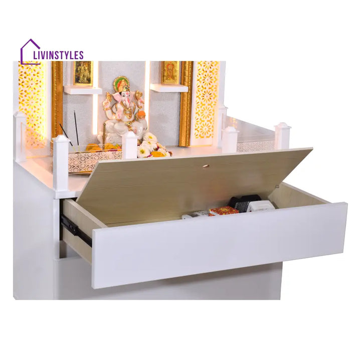Valeria 5.5’ x 2.5’ White Gloss Wooden Mandir with Floating Shelves Mandir