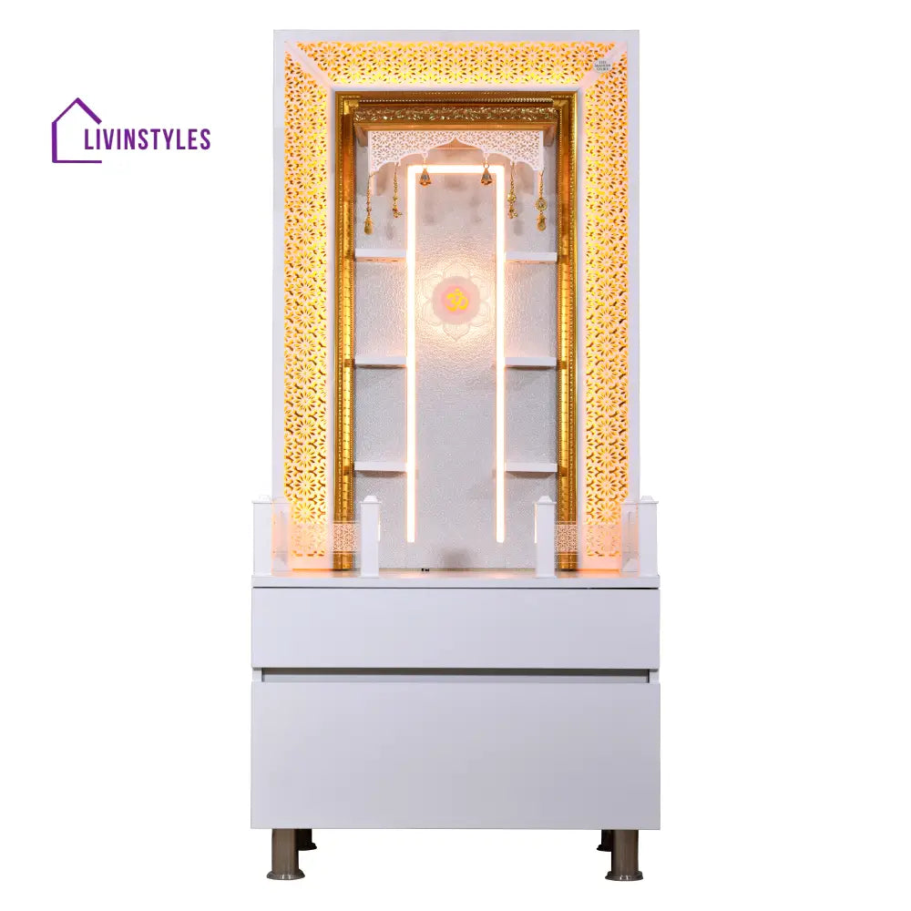 Valeria 5.5’ x 2.5’ White Gloss Wooden Mandir with Floating Shelves Mandir