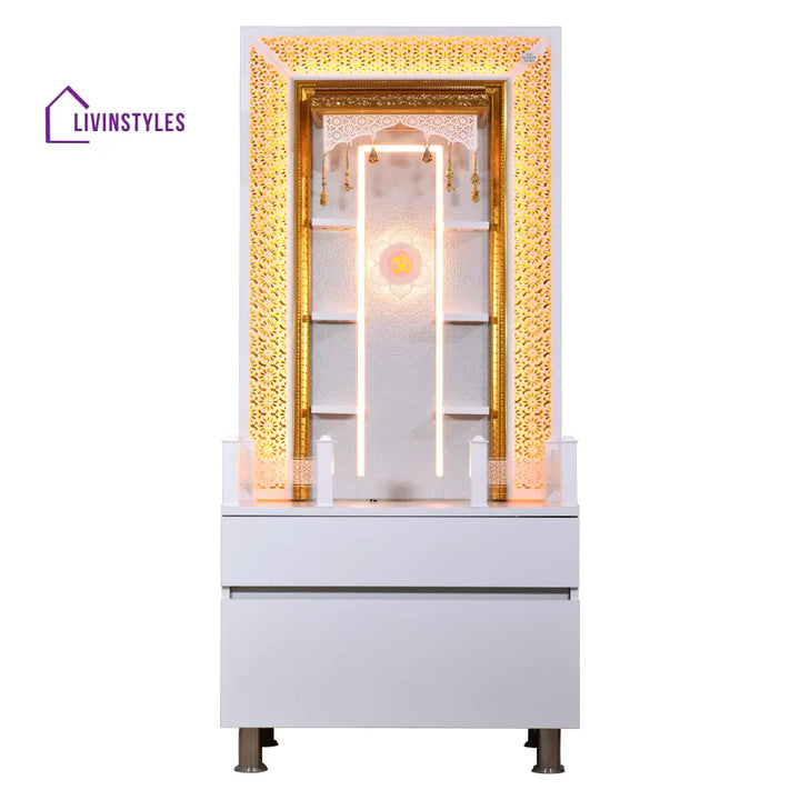Valeria 5.5’ x 2.5’ White Gloss Wooden Mandir with Floating Shelves Mandir