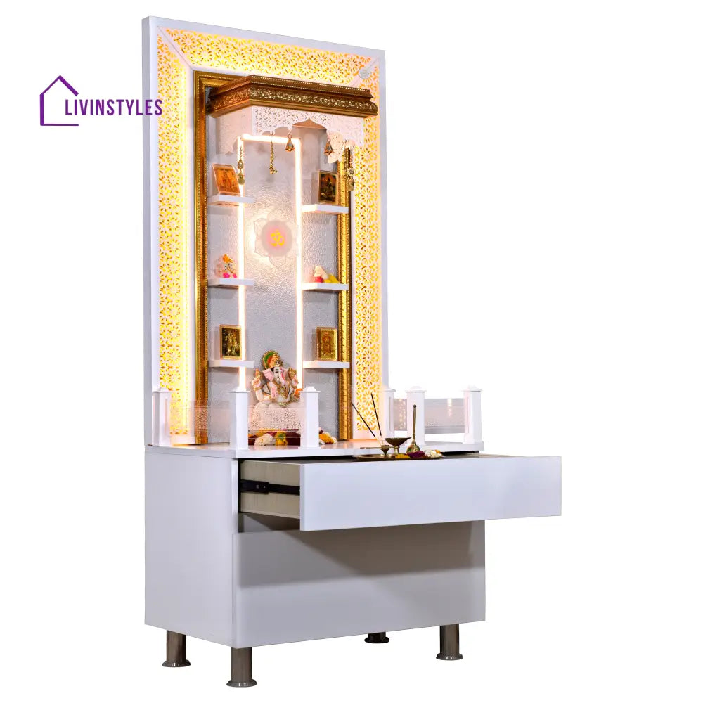 Valeria 5.5’ x 2.5’ White Gloss Wooden Mandir with Floating Shelves Mandir