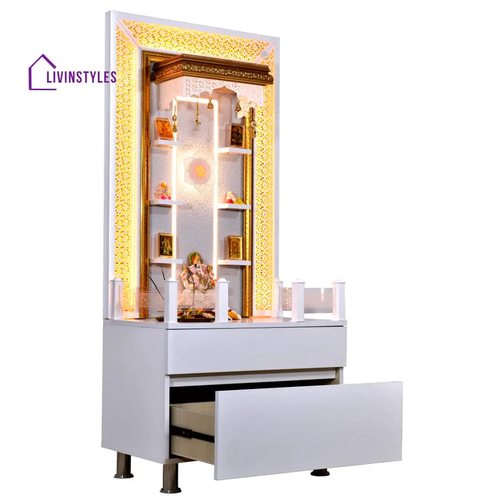 Valeria 5.5’ x 2.5’ White Gloss Wooden Mandir with Floating Shelves Mandir