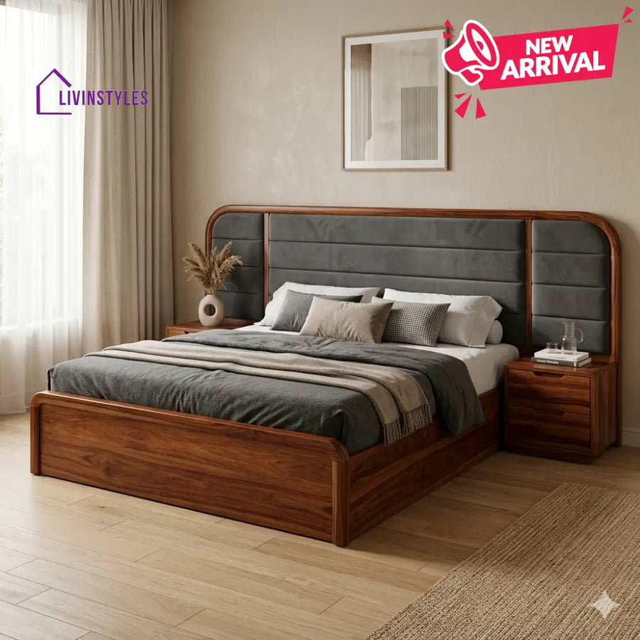 Valeria Premium Sheesham Wood Bed with Velvet Headboard