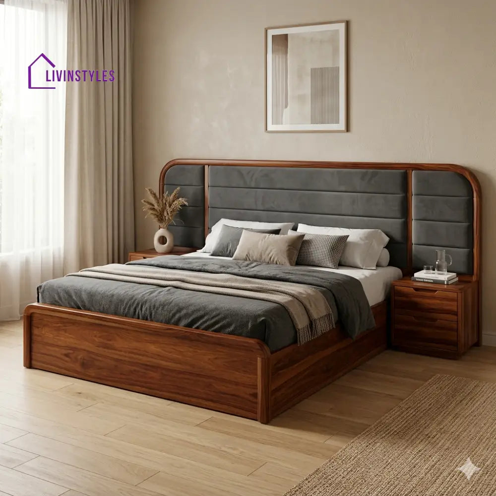 Valeria Premium Sheesham Wood Bed with Velvet Headboard