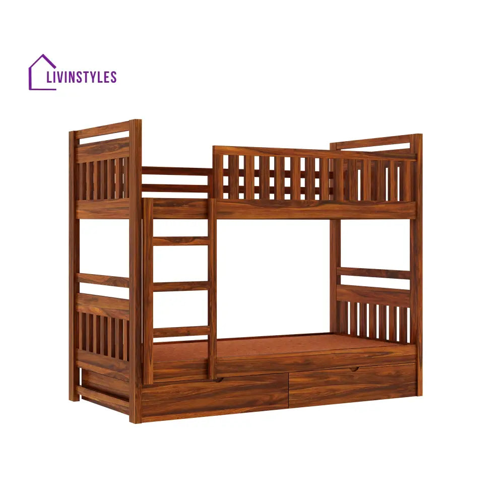 Valeria Solid Sheesham Wood Bunk Bed With Ladder & Two Drawer Storage Bunk Bed