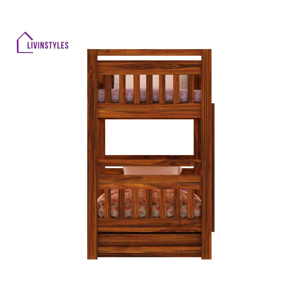 Valeria Solid Sheesham Wood Bunk Bed With Ladder & Two Drawer Storage Bunk Bed