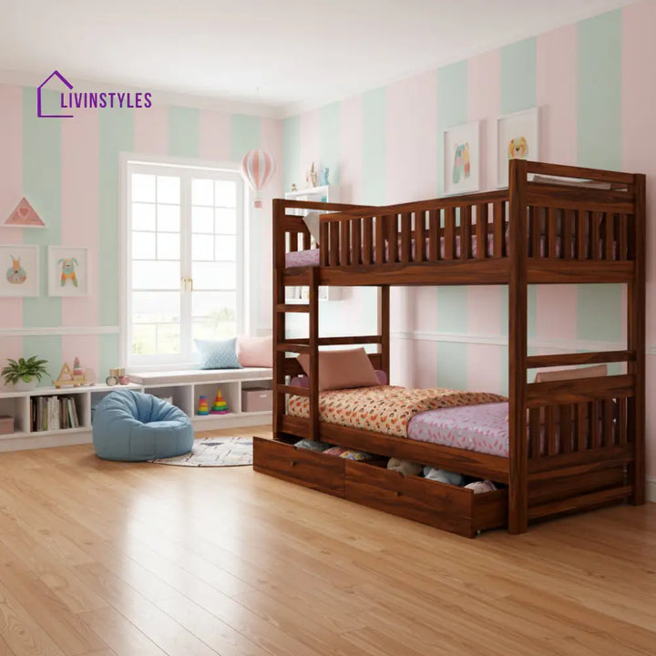Valeria Solid Sheesham Wood Bunk Bed With Ladder & Two Drawer Storage Bunk Bed