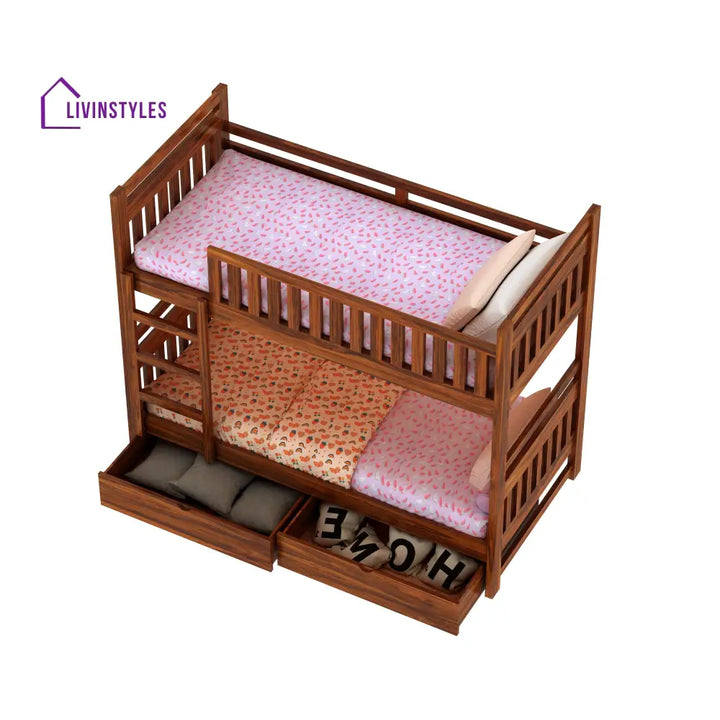 Valeria Solid Sheesham Wood Bunk Bed With Ladder & Two Drawer Storage Bunk Bed