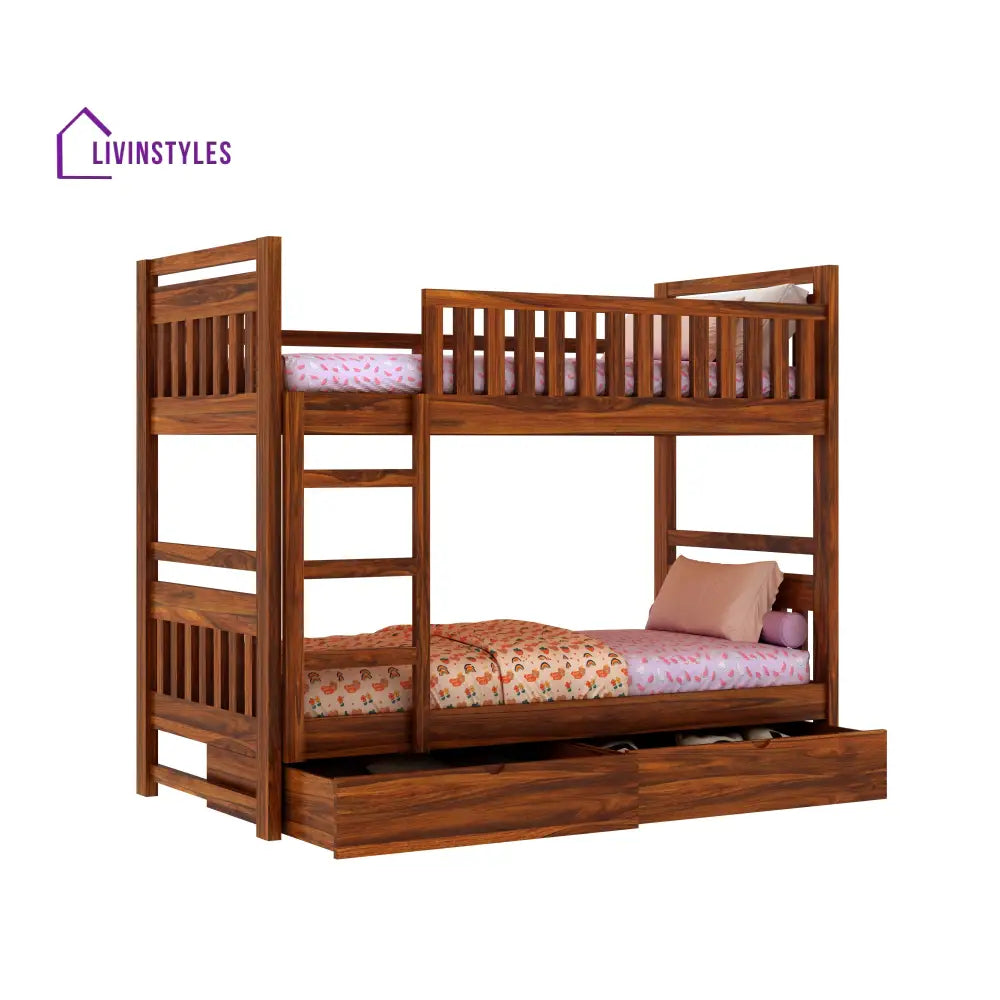 Valeria Solid Sheesham Wood Bunk Bed With Ladder & Two Drawer Storage Bunk Bed