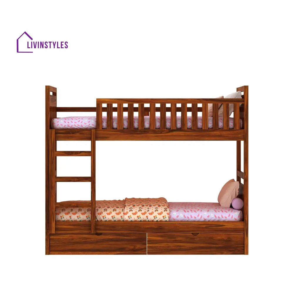 Valeria Solid Sheesham Wood Bunk Bed With Ladder & Two Drawer Storage Bunk Bed