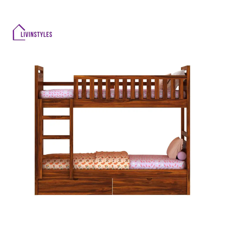 Valeria Solid Sheesham Wood Bunk Bed With Ladder & Two Drawer Storage Bunk Bed