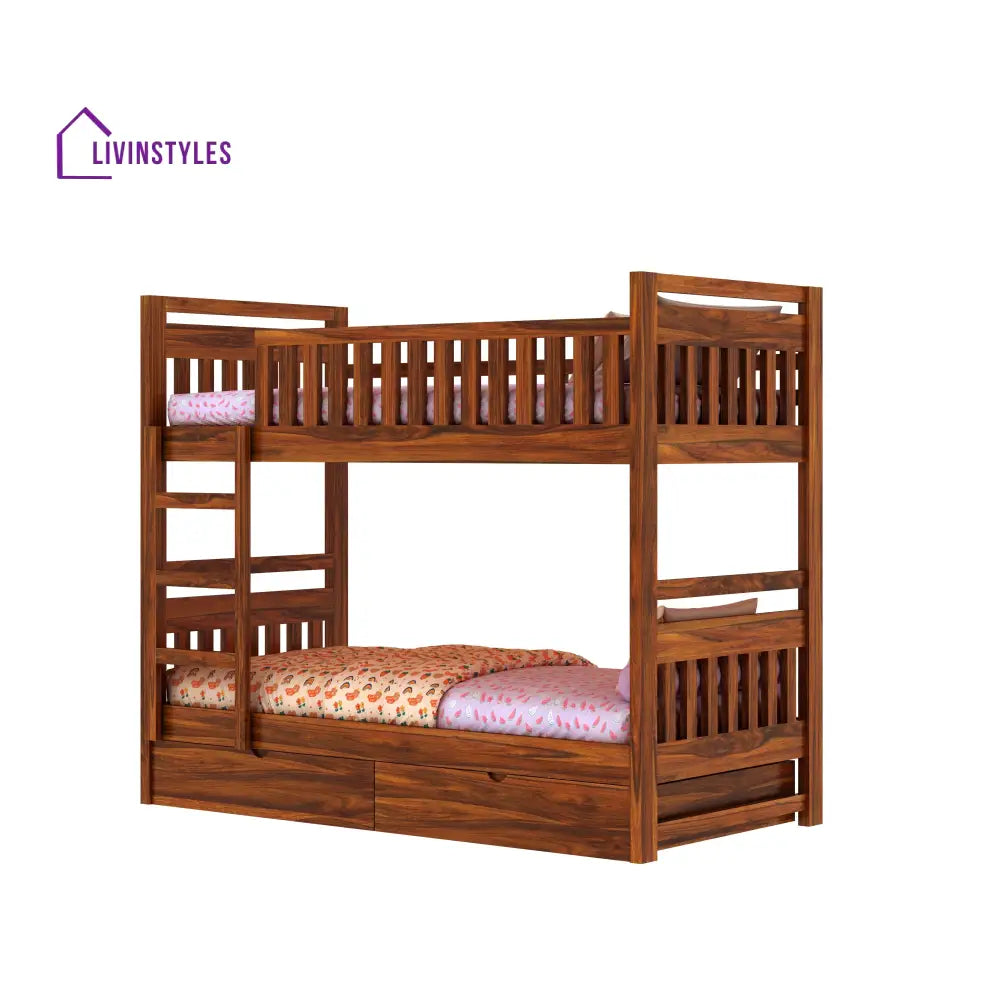 Valeria Solid Sheesham Wood Bunk Bed With Ladder & Two Drawer Storage Bunk Bed