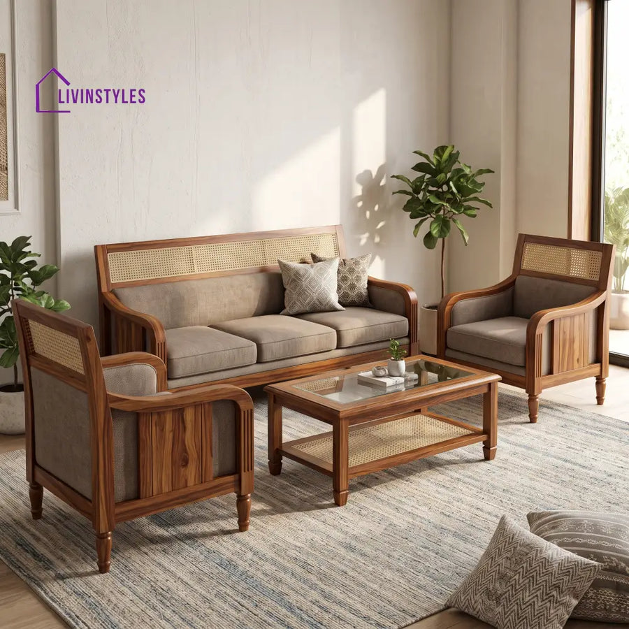 Valli Wooden Sofa Set | 3 + 1 + 1 Sheesham Wood Sofa Set for Living Room