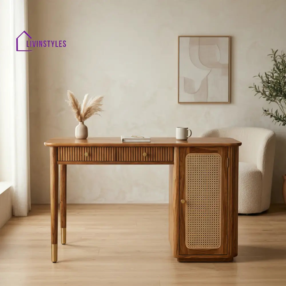 Van Modern Designer Sheesham Wood Study Table with Cane Accents & Drawer Storage