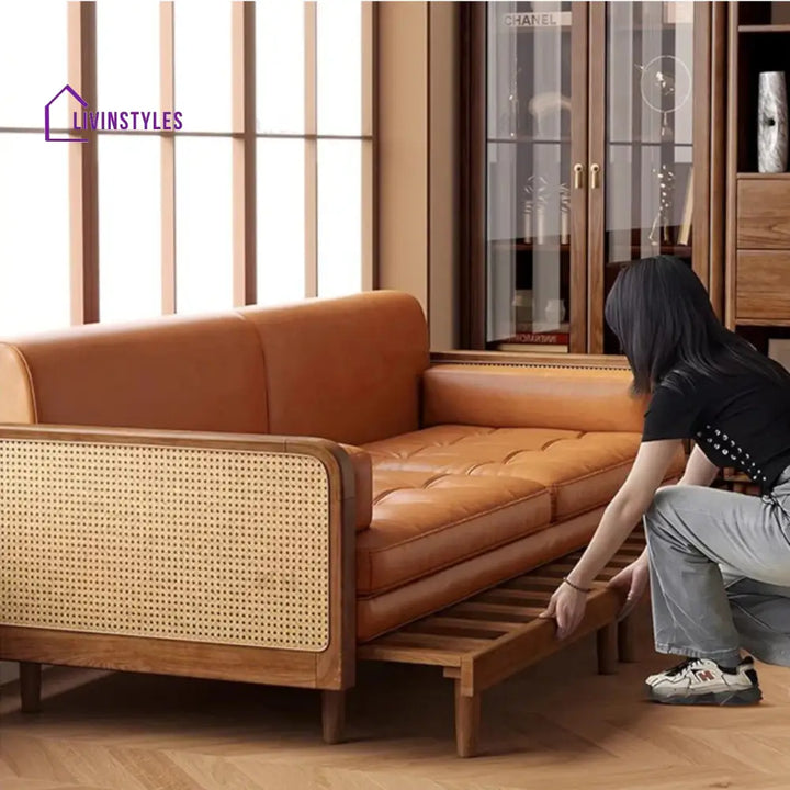 Leathaire Sofa Bed With Rattan Weaving Wooden Frame