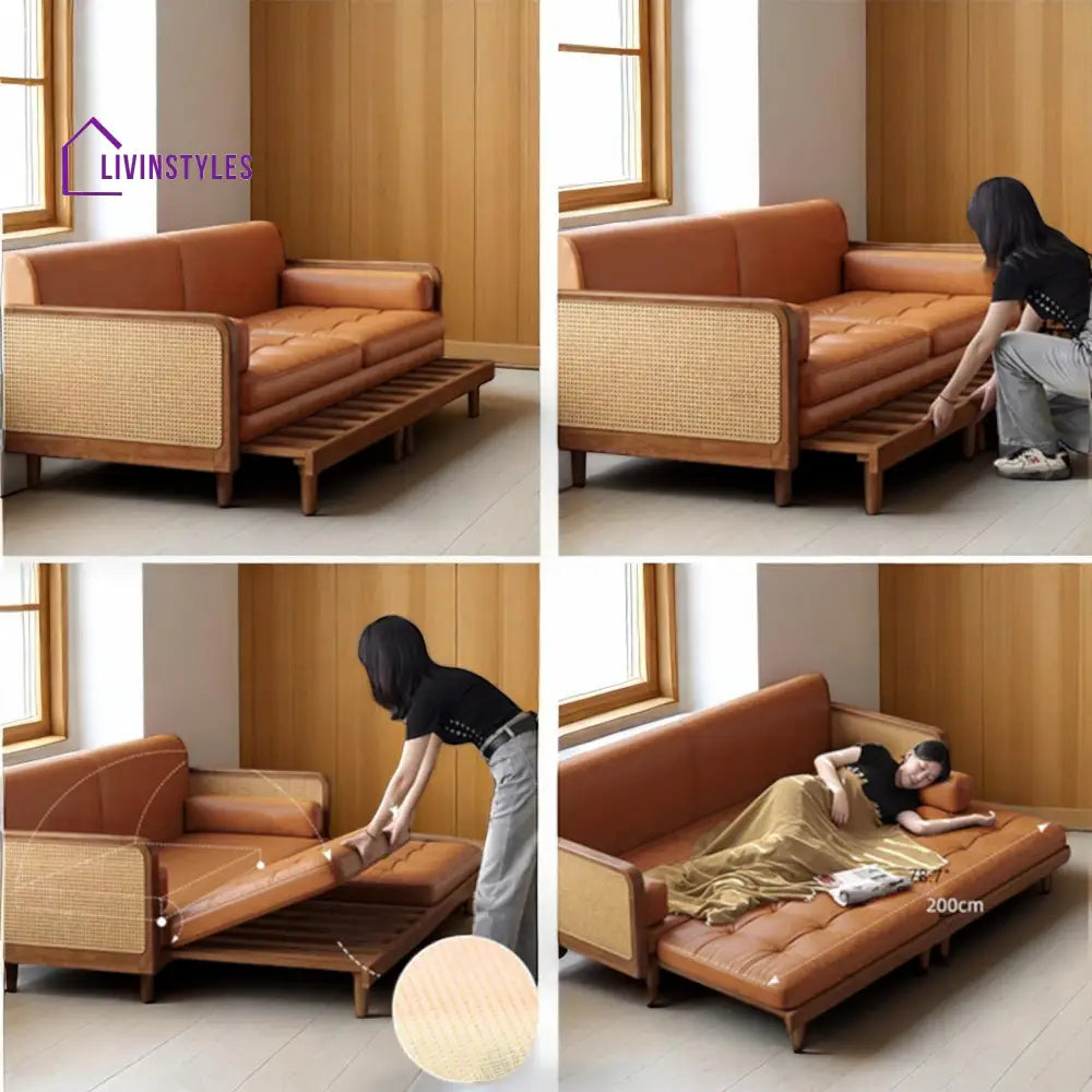 Leathaire Sofa Bed With Rattan Weaving Wooden Frame