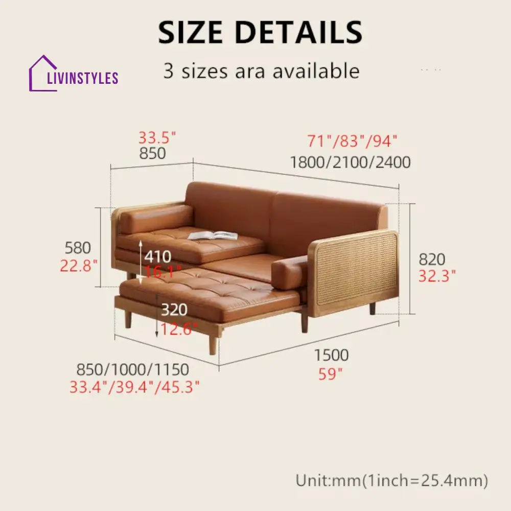 Leathaire Sofa Bed With Rattan Weaving Wooden Frame